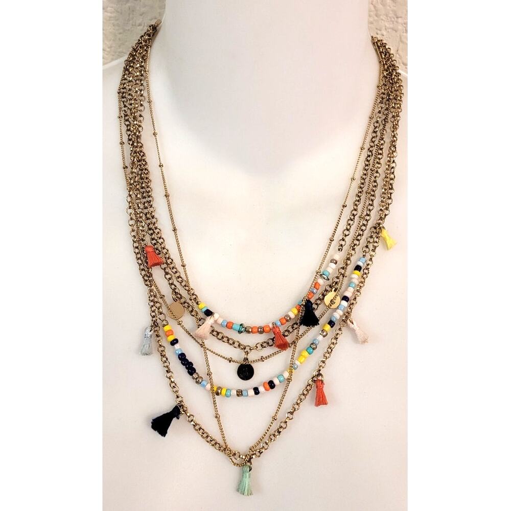 Sugarfix Multi Color Multi Strand Beaded Necklace Chains Beaded Fringe Stacked